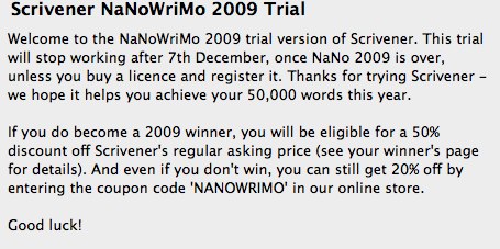Scrivener Trial NaNoWriMo message Scrivener Trial 1 Scrivener Tool of choice for NaNoWriMo 2009
